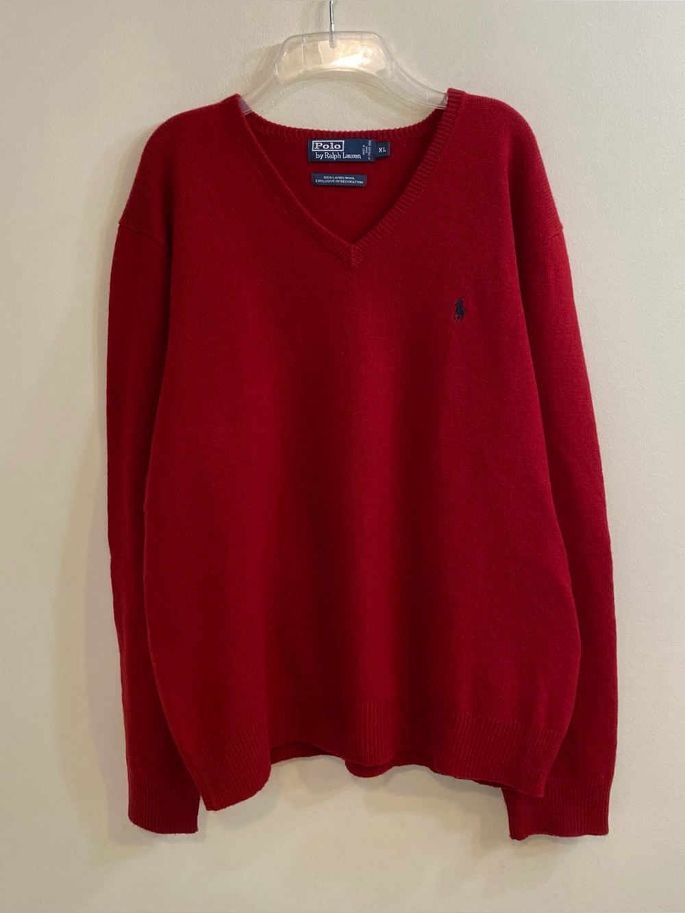 Polo Ralph Lauren 100% Lambswool Mens V-Neck Pullover Sweater Red‎ Knit XL Warm